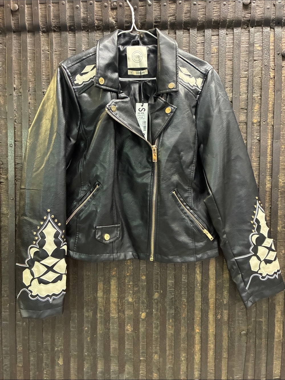 Stoosh Black Faux Leather Moto Jacket with Cream Embroidered Sleeves